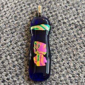 Vibrant Cobalt Blue Dichroic Fused Glass Pendant. Ripple of Neon Greens / Pinks.